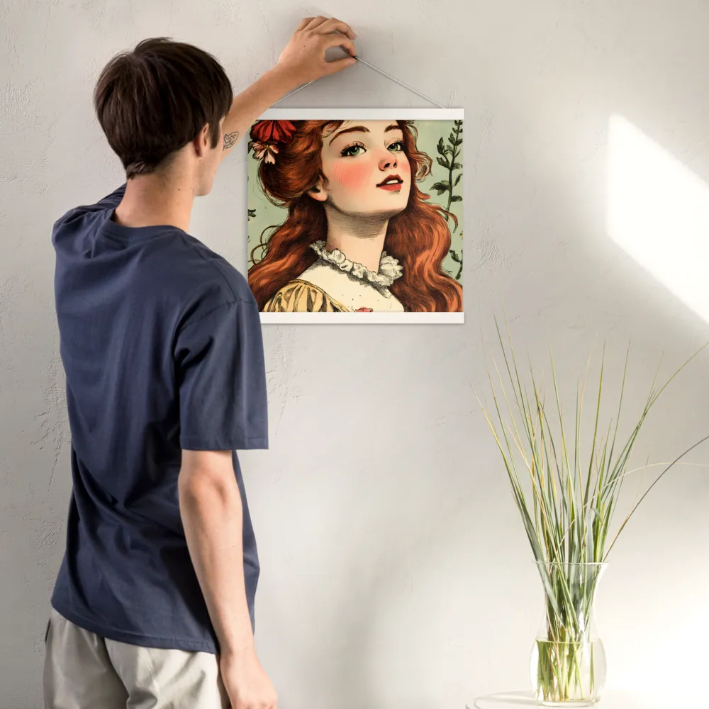 Whimsical Portrait of a Flower-Adorned Girl | Poster With White Wood Hanger | 16″×16″