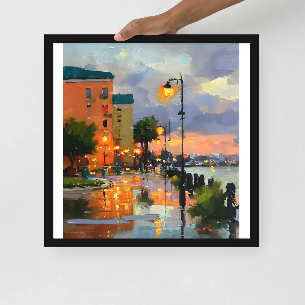 Harbor Promenade at Dusk 
 Poster with Black Frame | 18″x 18″