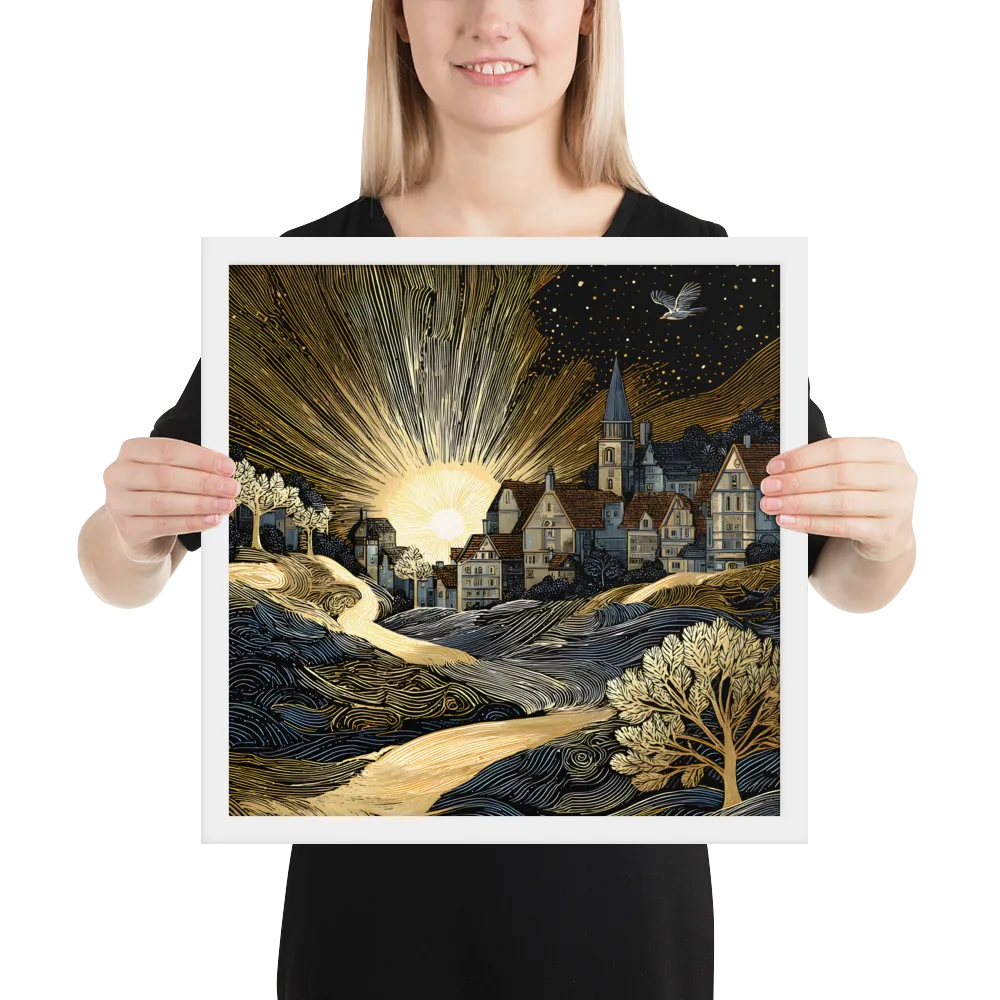 Golden Dawn Village 
 Poster with White Frame | 16″x 16″