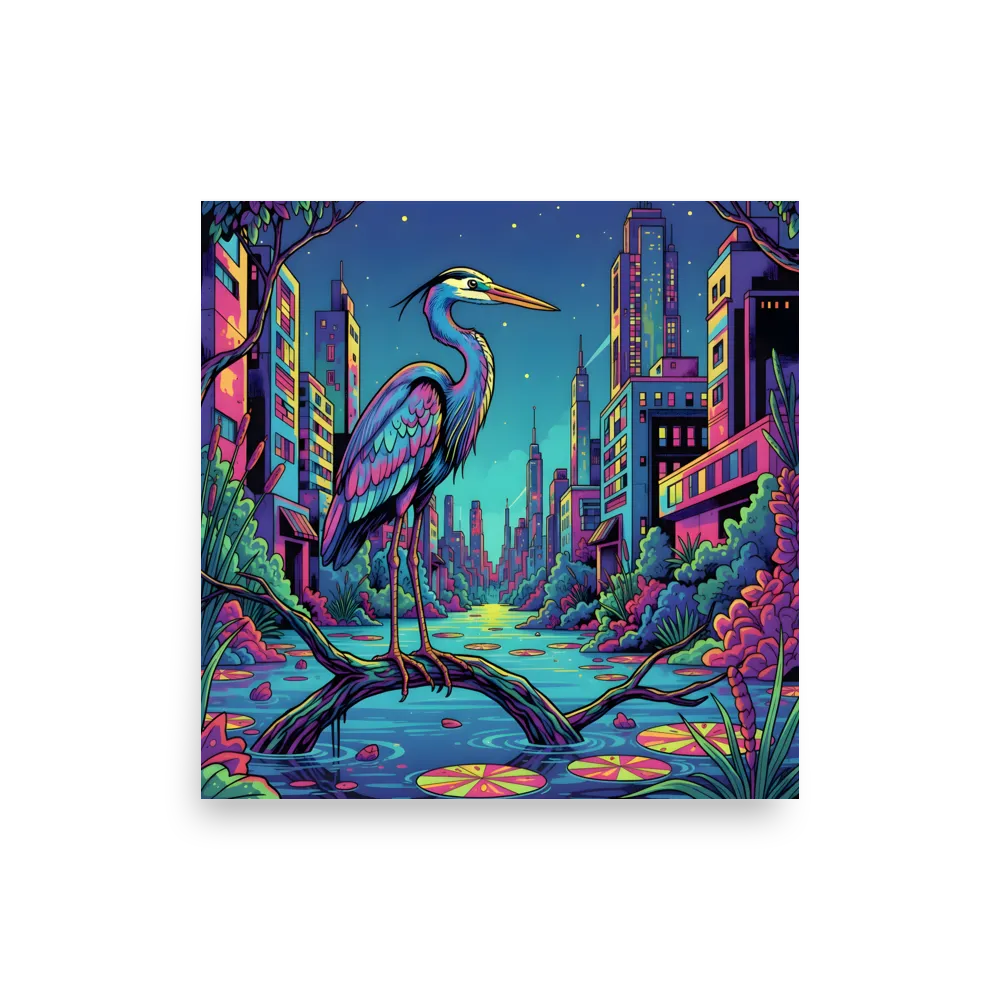 Neon Heron - Urban Twilight 
 Poster | 18″x 18″