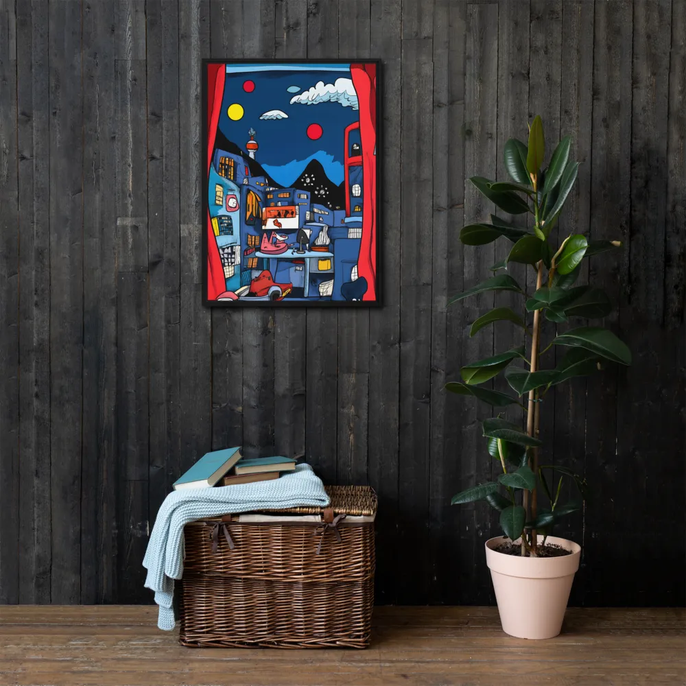 Whimsical Cityscape at Night | Canvas with Black Frame | 20″×28″
