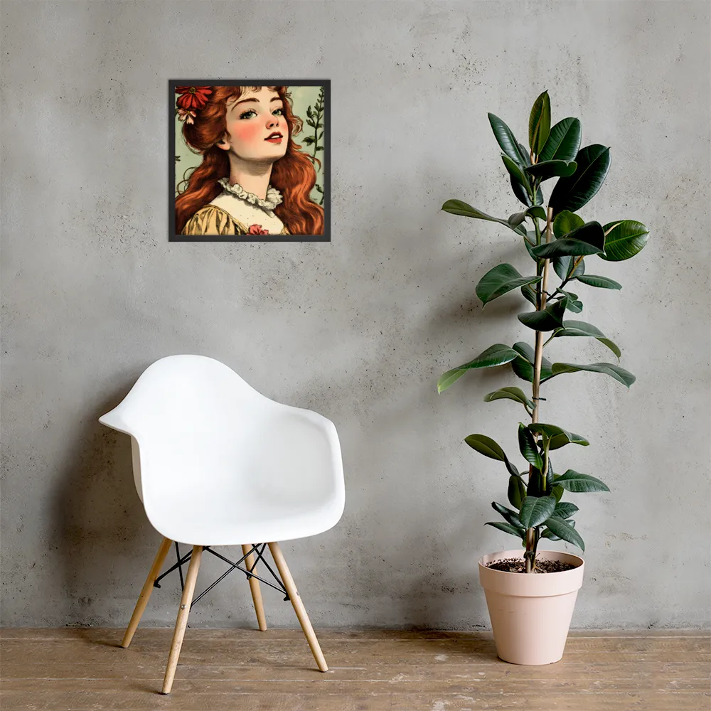 Whimsical Portrait of a Flower-Adorned Girl | Poster with Black Frame | 18″×18″