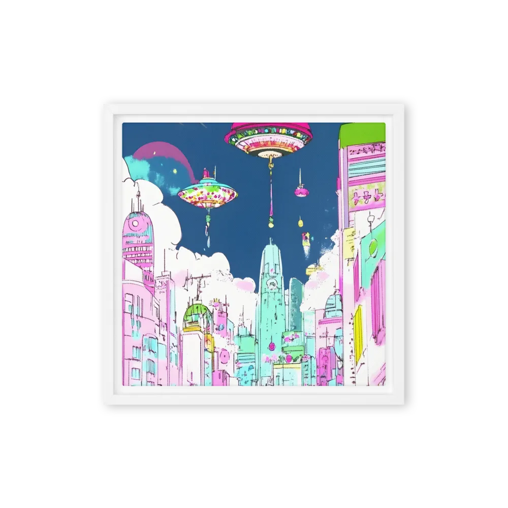 Futuristic Cityscape with Floating Structures | Canvas with White Frame | 12″×12″