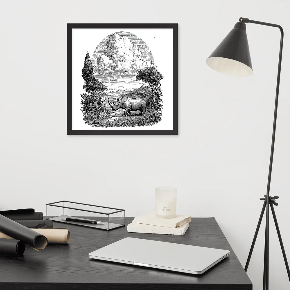 Rhinoceros Engraving 
 Poster with Black Frame | 16″x 16″