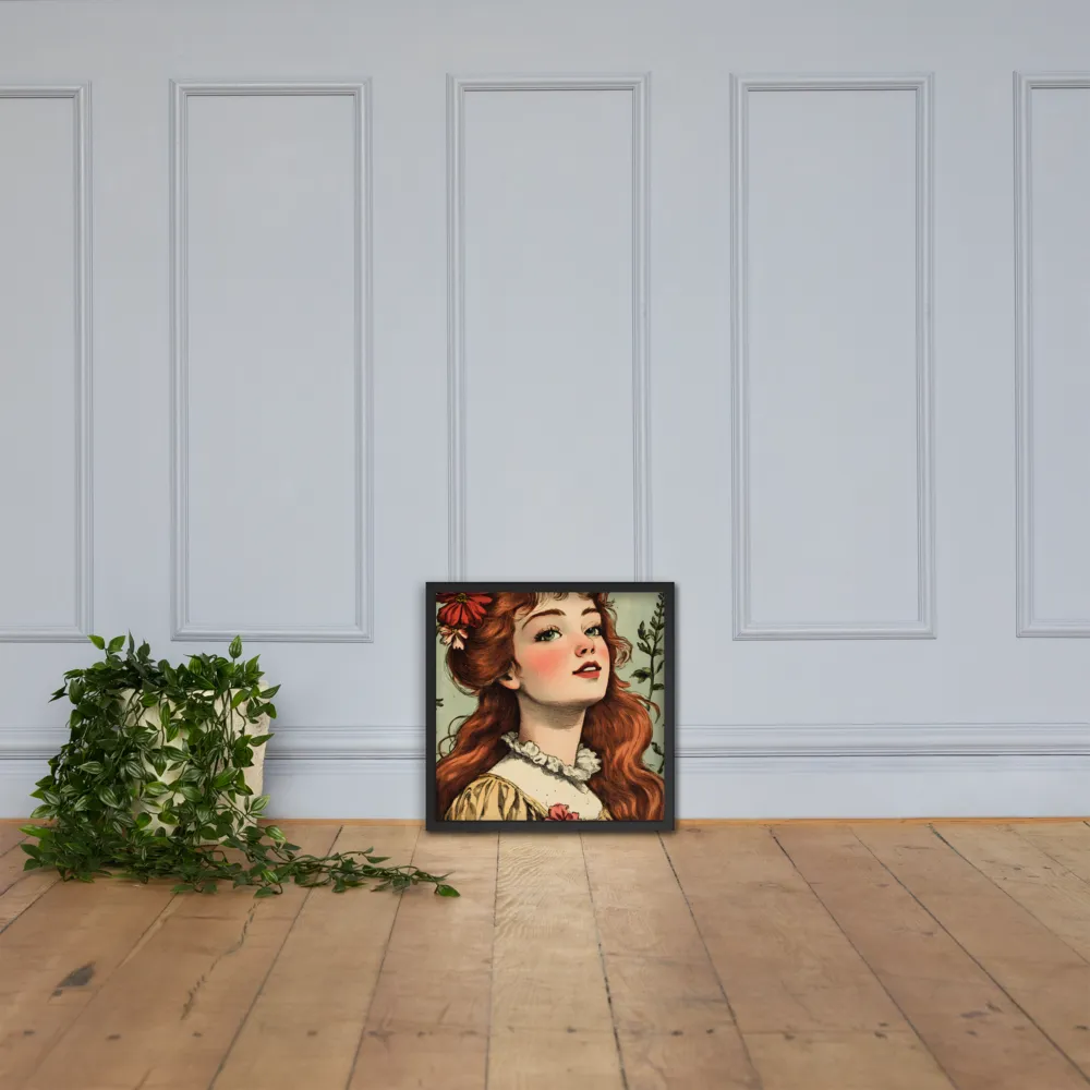 Whimsical Portrait of a Flower-Adorned Girl | Poster with Black Frame | 18″×18″