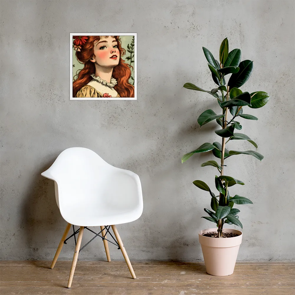 Whimsical Portrait of a Flower-Adorned Girl | Poster with White Frame | 18″×18″