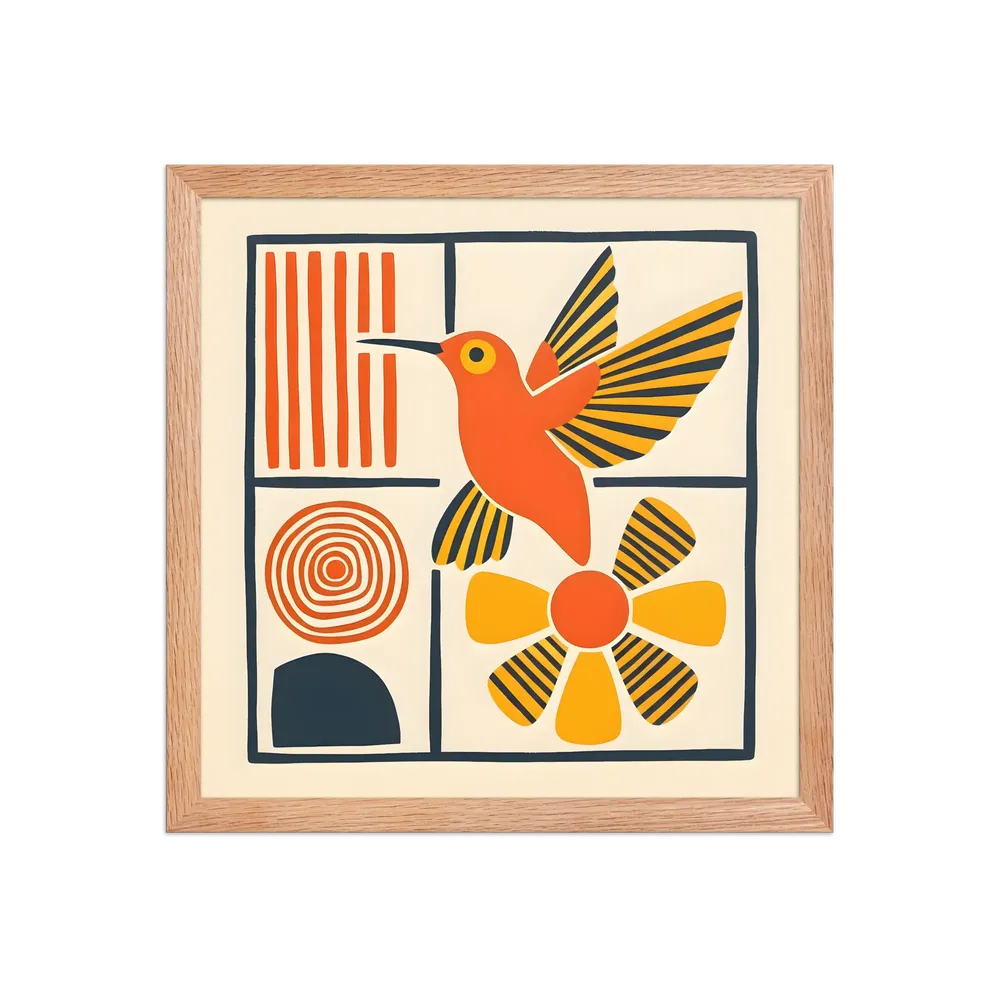 Hummingbird & Flower Panel 
 Poster with Red oak Frame | 14″x 14″