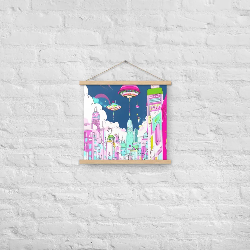 Futuristic Cityscape with Floating Structures | Poster With Oak Wood Hanger | 18″×18″