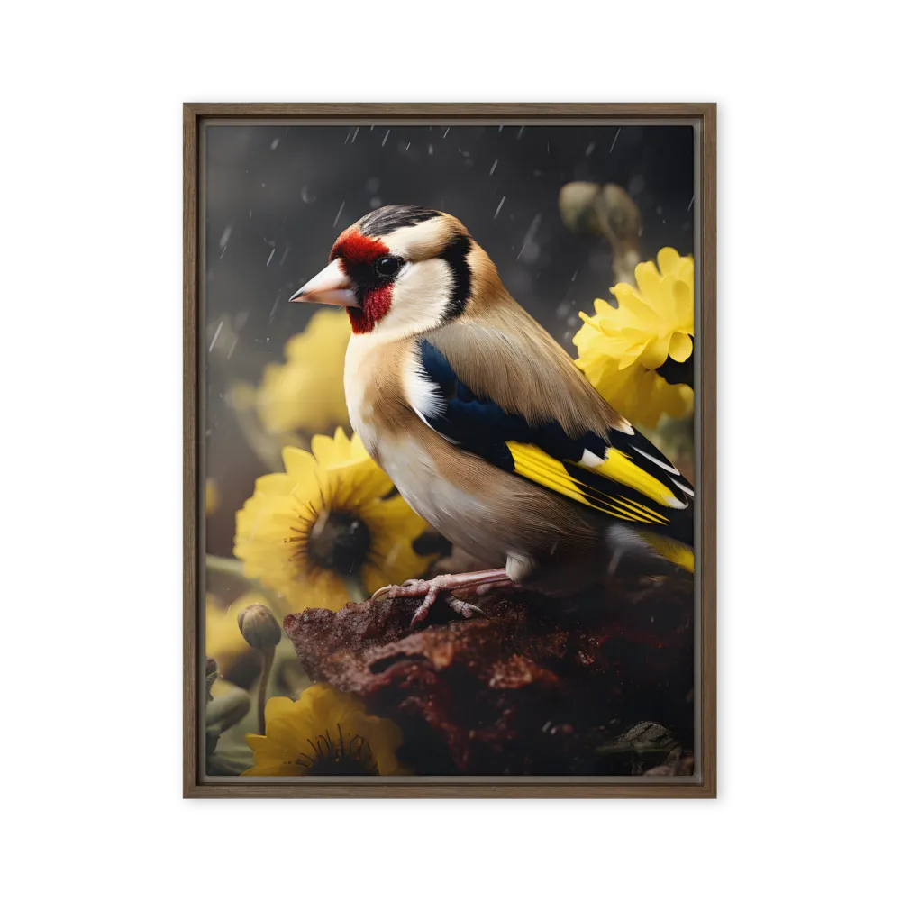 Harmony in Nature: A Goldfinch Amidst Blooms | Canvas with Brown Frame | 24″×32″