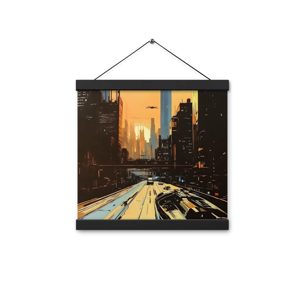 Metro Nexus: A Futuristic Cityscape | Poster With Black Wood Hanger | 12″×12″