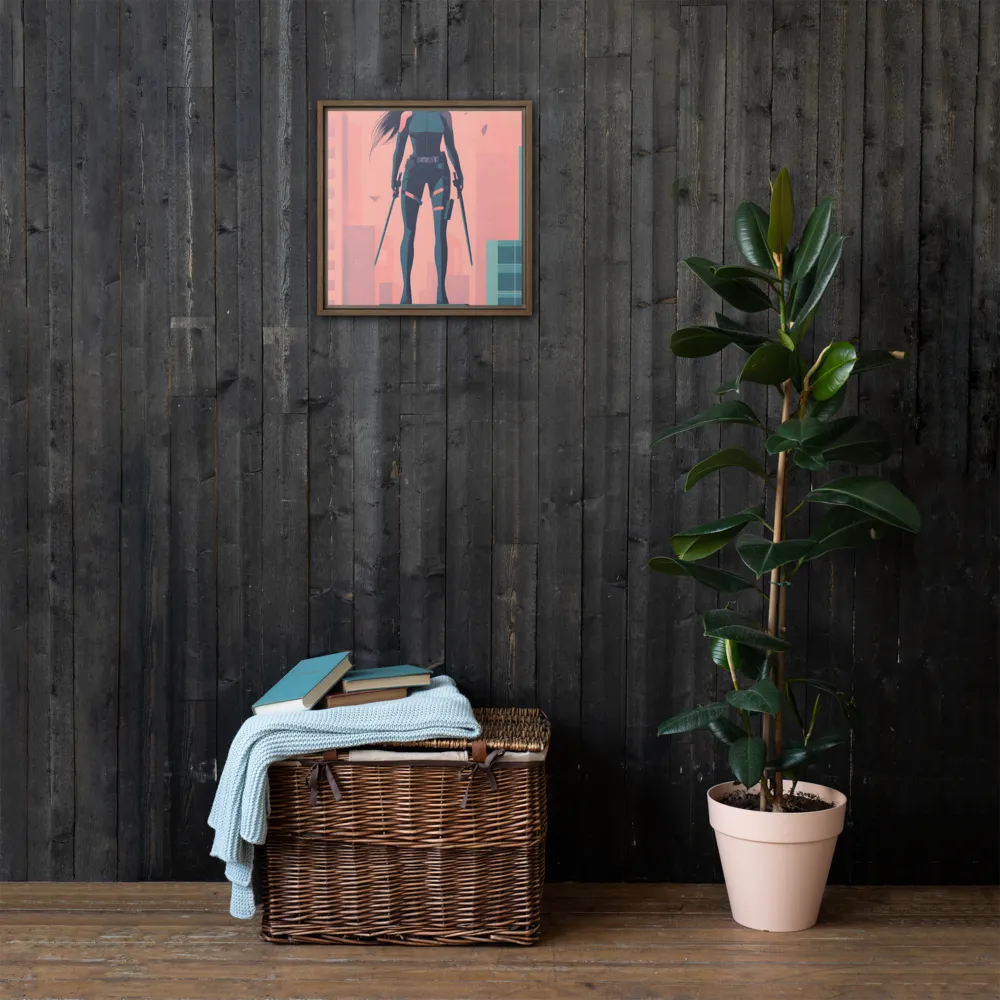 Urban Sentinel: A Warrior's Stand | Canvas with Brown Frame | 16″×16″