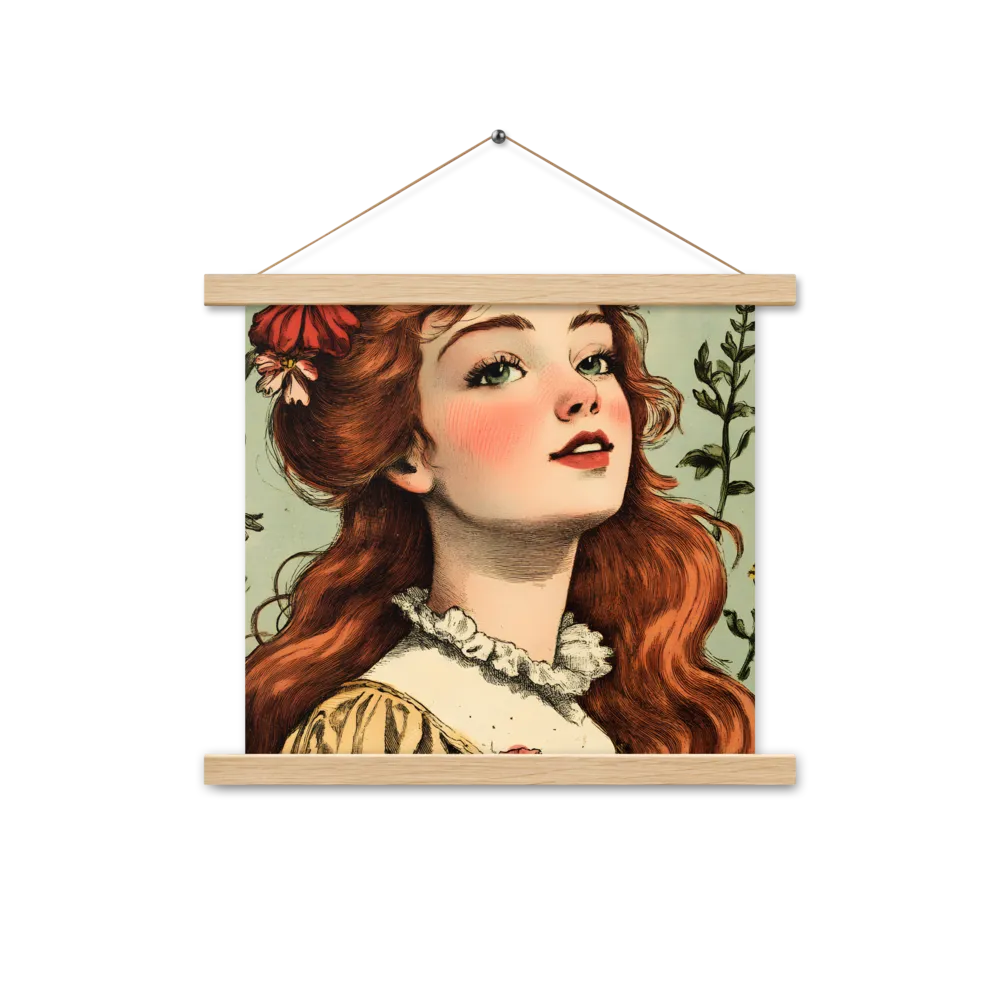 Whimsical Portrait of a Flower-Adorned Girl | Poster With Oak Wood Hanger | 14″×14″