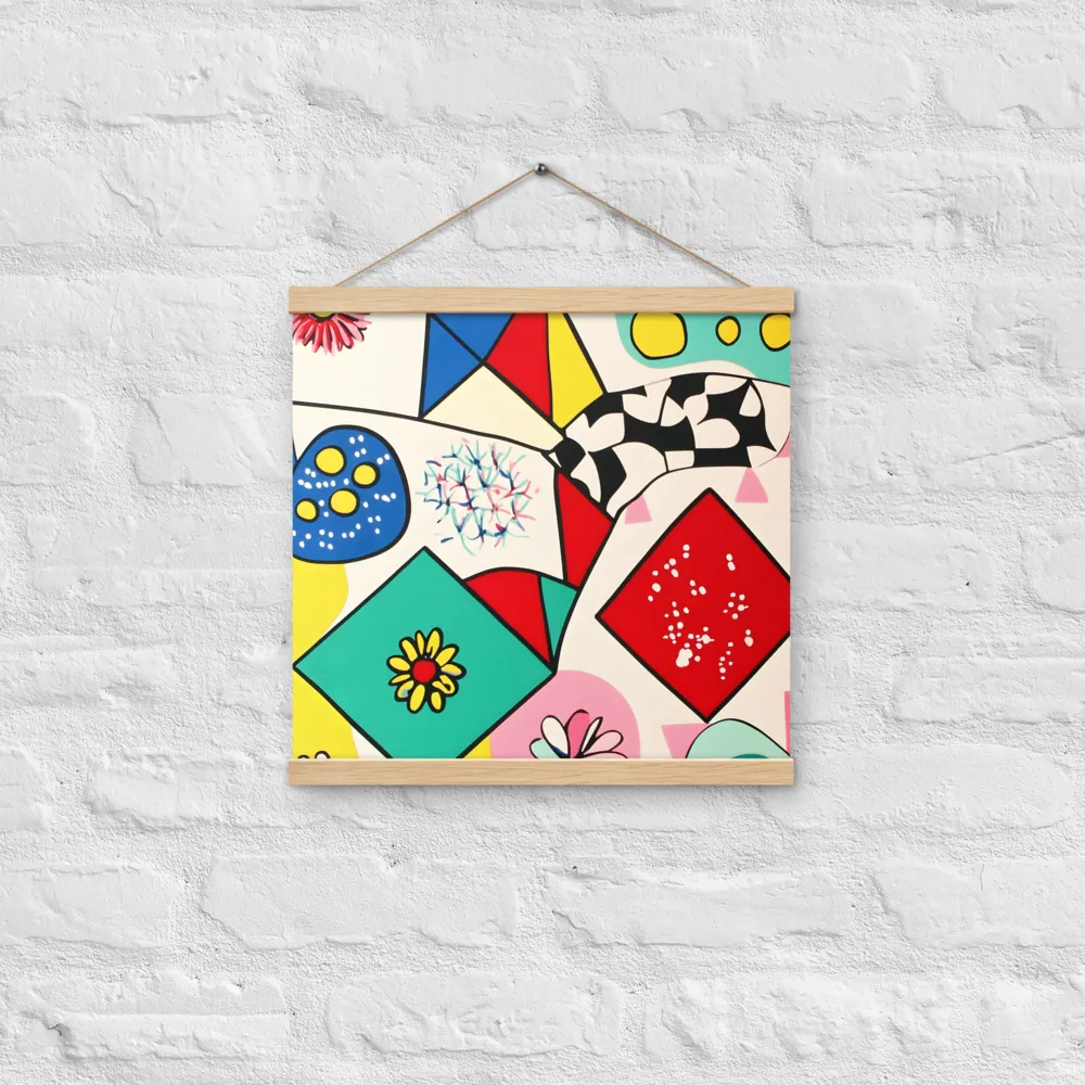 Joyful Geometry: A Playful Dance of Shapes and Colors | Poster With Oak Wood Hanger | 16″×16″
