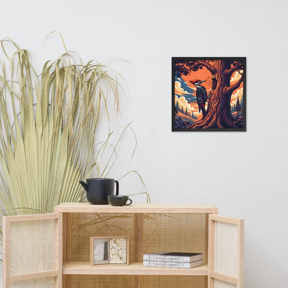 Woodpecker at Sunset 
 Poster with Black Frame | 18″x 18″