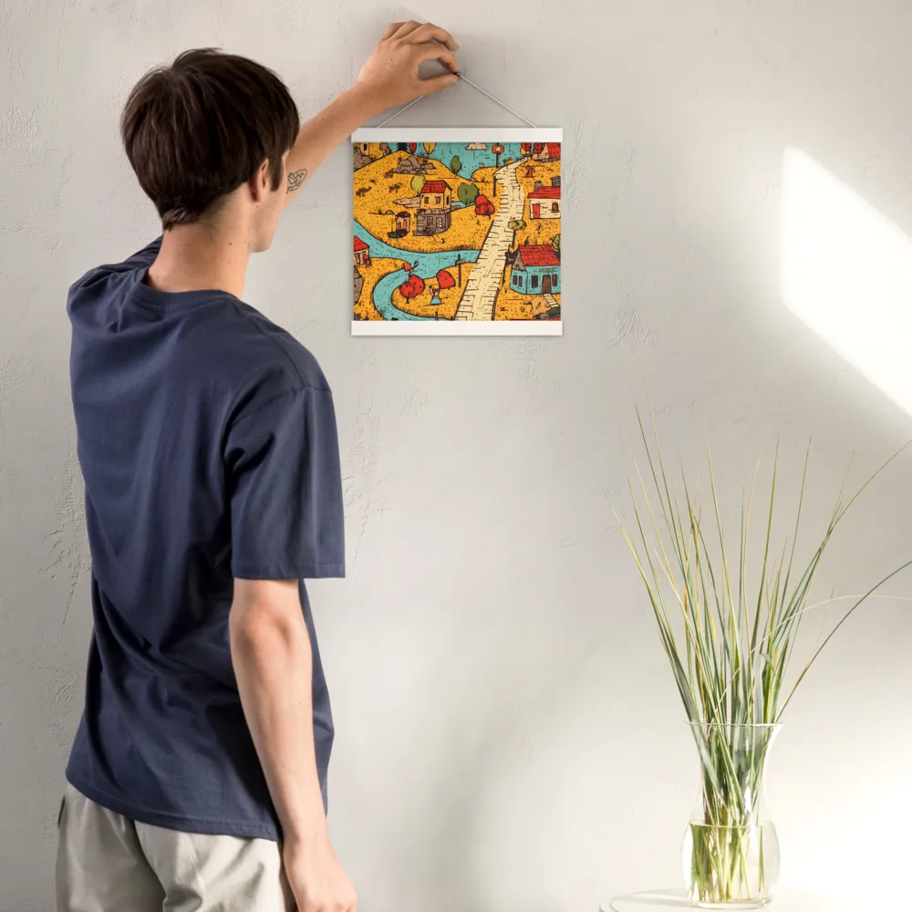 Whimsical Village Landscape | Poster With White Wood Hanger | 12″×12″