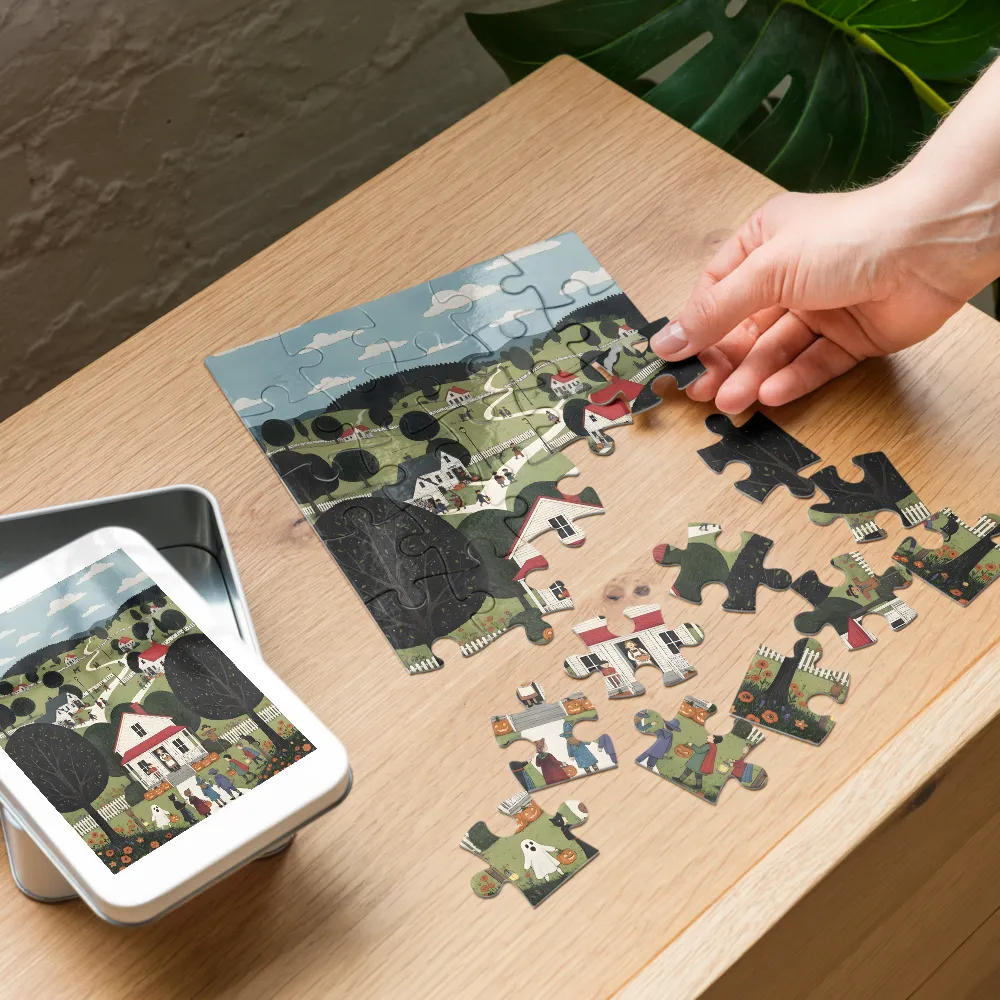 Village Trick‑or‑Treat 
 Jigsaw Puzzle in Tin Box