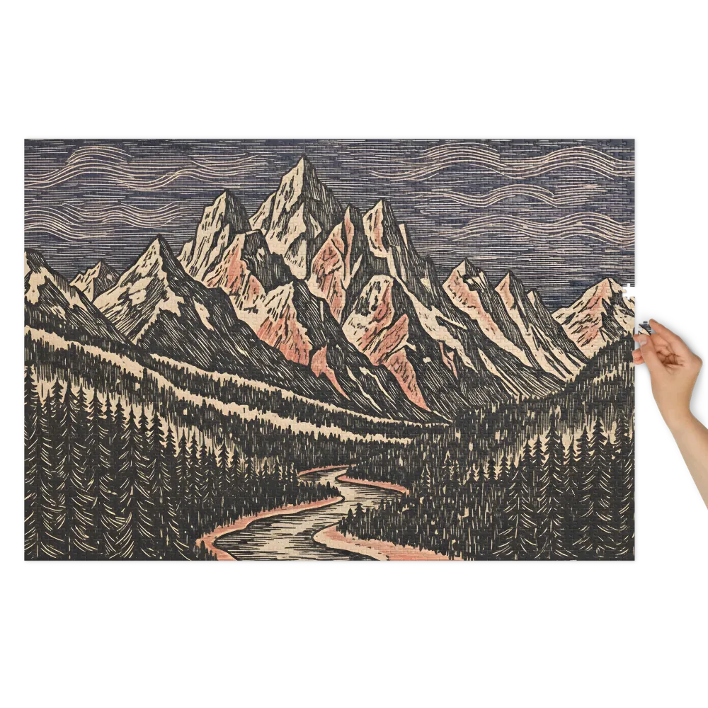 Alpine Riverwood Engraving 
 Jigsaw Puzzle in Tin Box