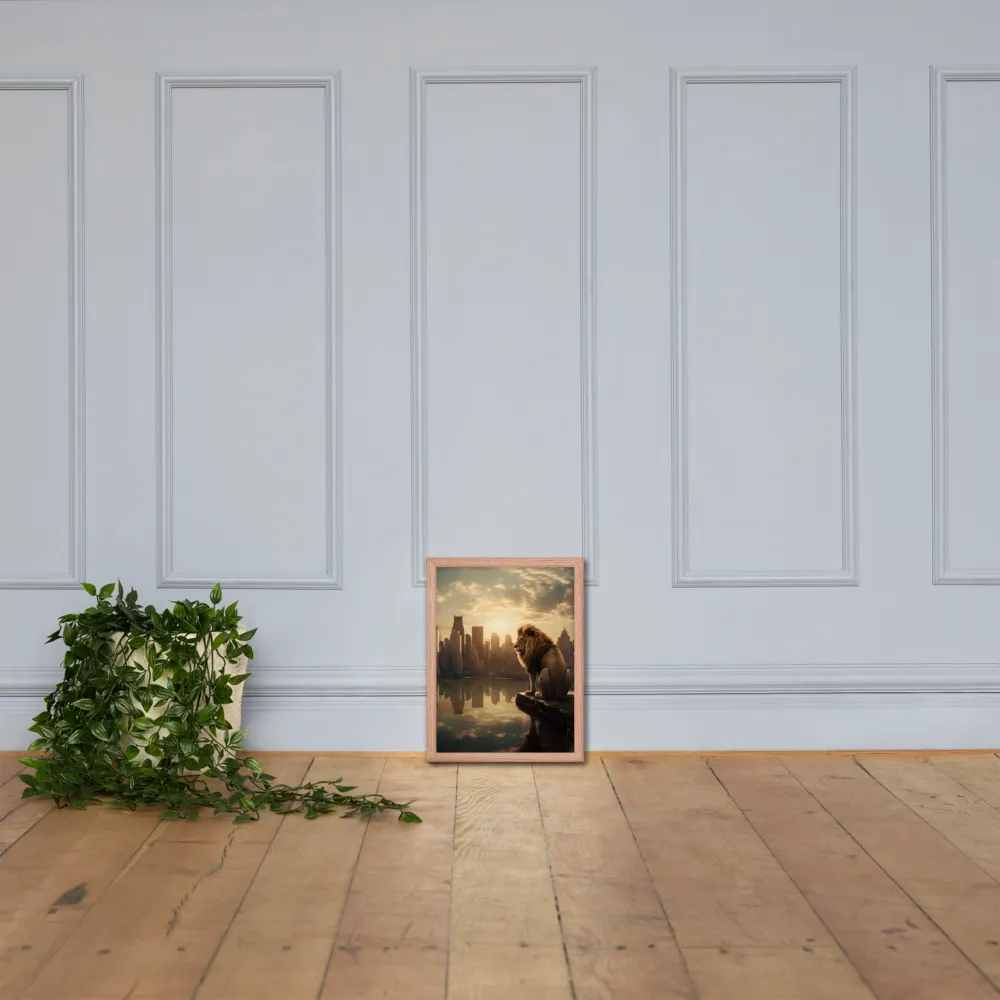 The Lion's Gaze Over the Urban Symphony | Poster with Red oak Frame | 12″×16″