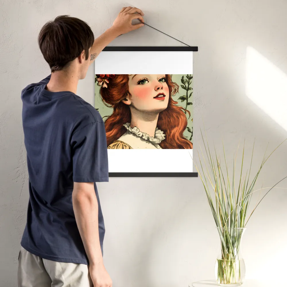 Whimsical Portrait of a Flower-Adorned Girl | Poster With Black Wood Hanger | 18″×24″