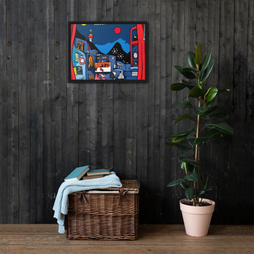 Whimsical Cityscape at Night | Canvas with Black Frame | 18″×24″