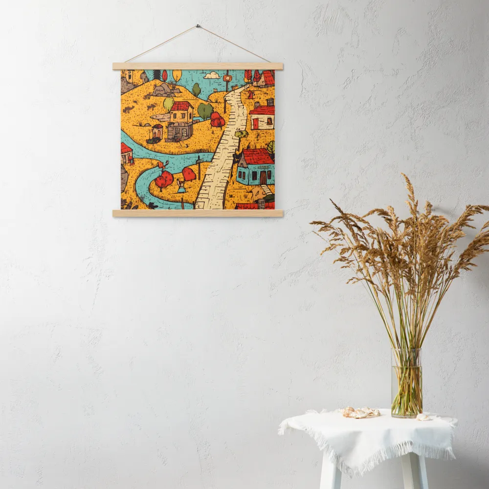 Whimsical Village Landscape | Poster With Oak Wood Hanger | 18″×18″