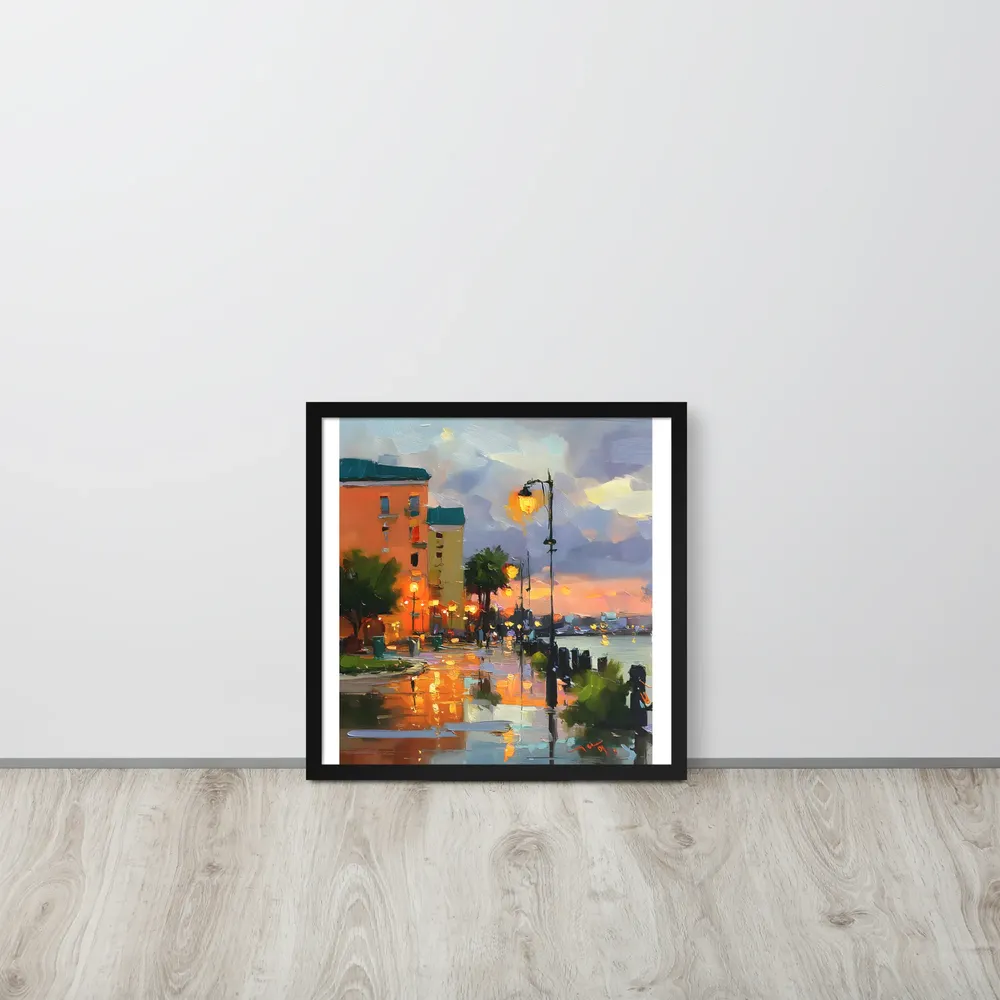 Harbor Promenade at Dusk 
 Poster with Black Frame | 18″x 18″