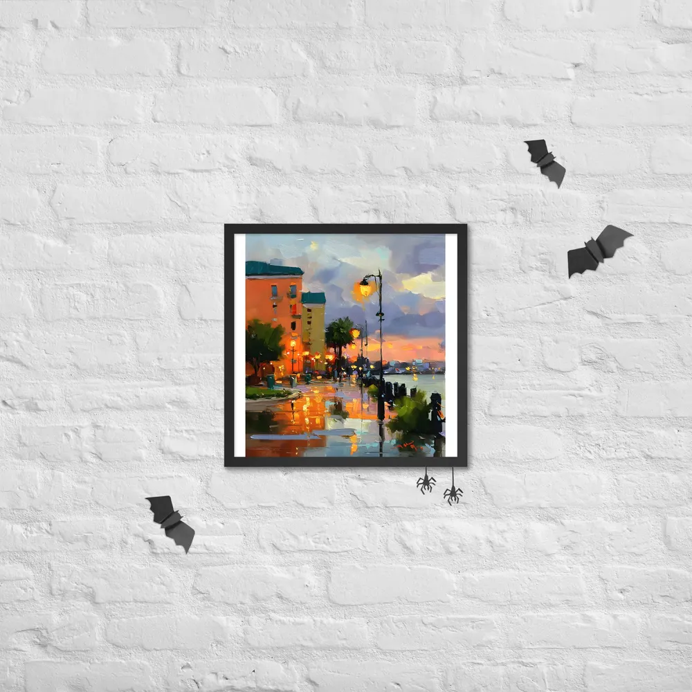 Harbor Promenade at Dusk 
 Poster with Black Frame | 18″x 18″