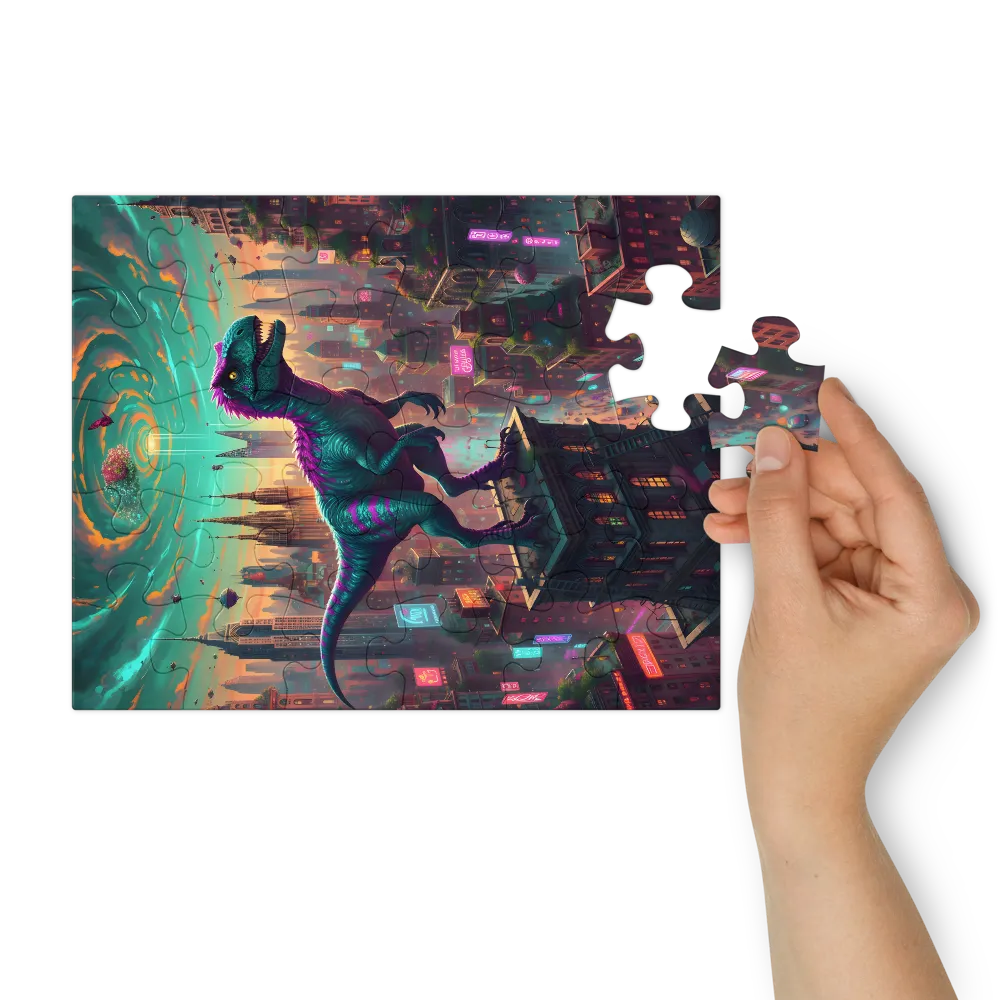 Neon Raptor Skyline 
 Jigsaw Puzzle in Tin Box