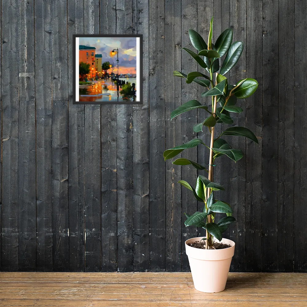 Harbor Promenade at Dusk 
 Poster with Black Frame | 18″x 18″
