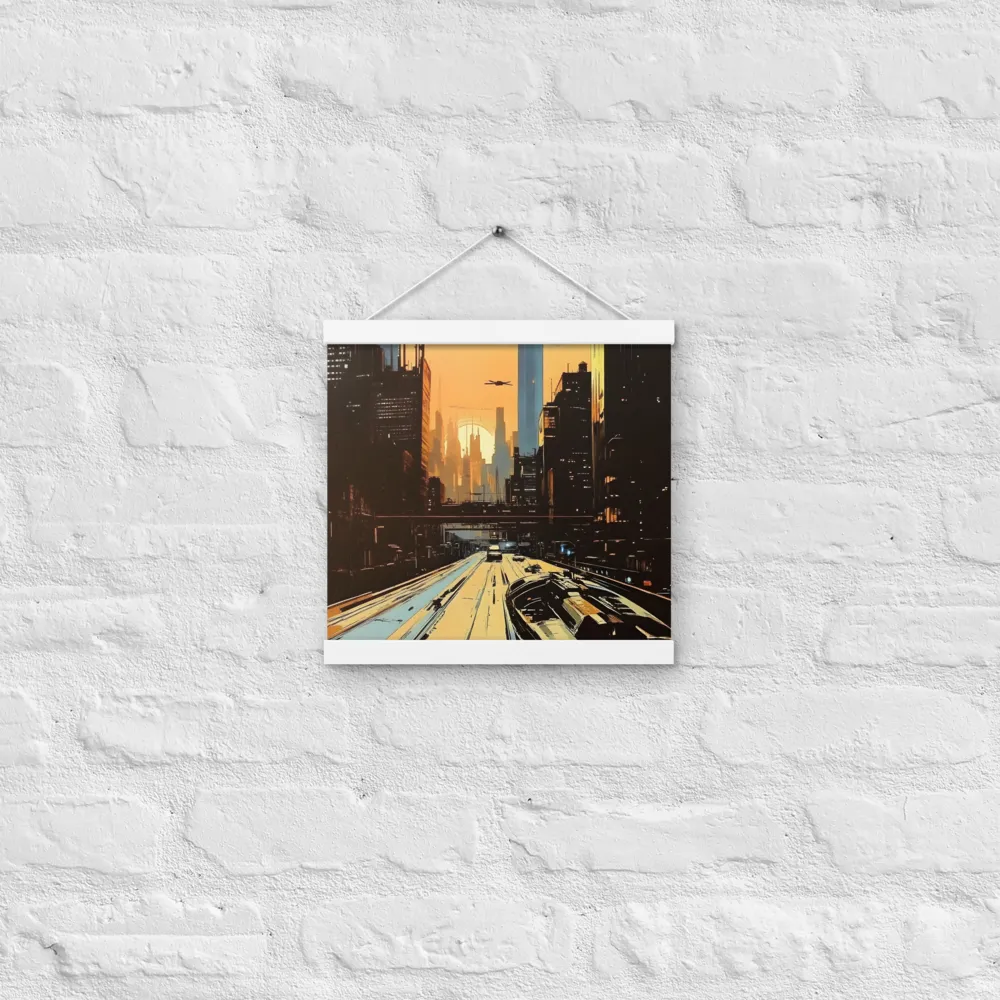 Metro Nexus: A Futuristic Cityscape | Poster With White Wood Hanger | 12″×12″