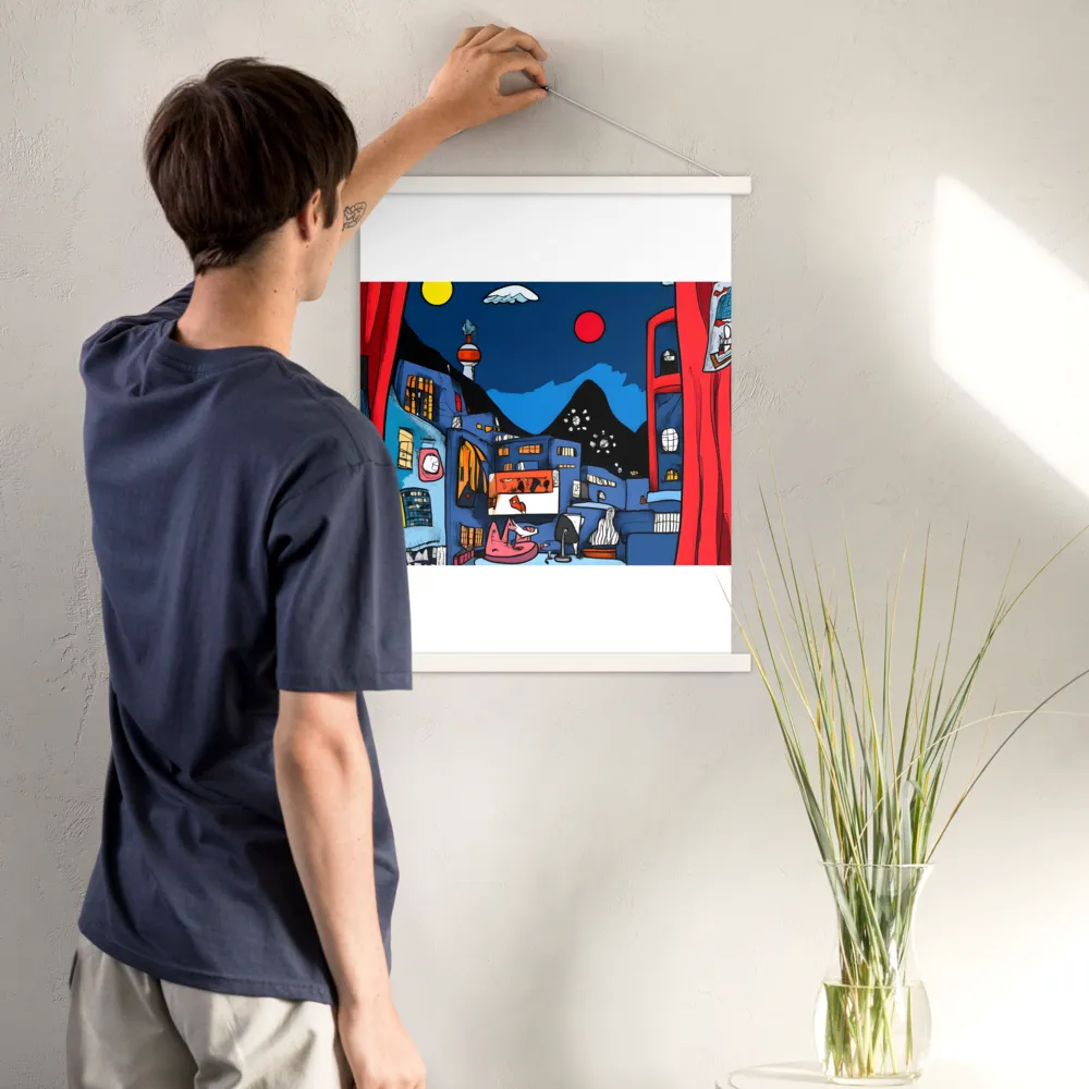 Whimsical Cityscape at Night | Poster With White Wood Hanger | 18″×24″