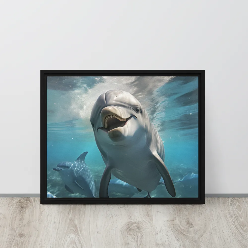 Beneath the Waves: A Dolphin's Dance | Canvas with Black Frame | 16″×20″