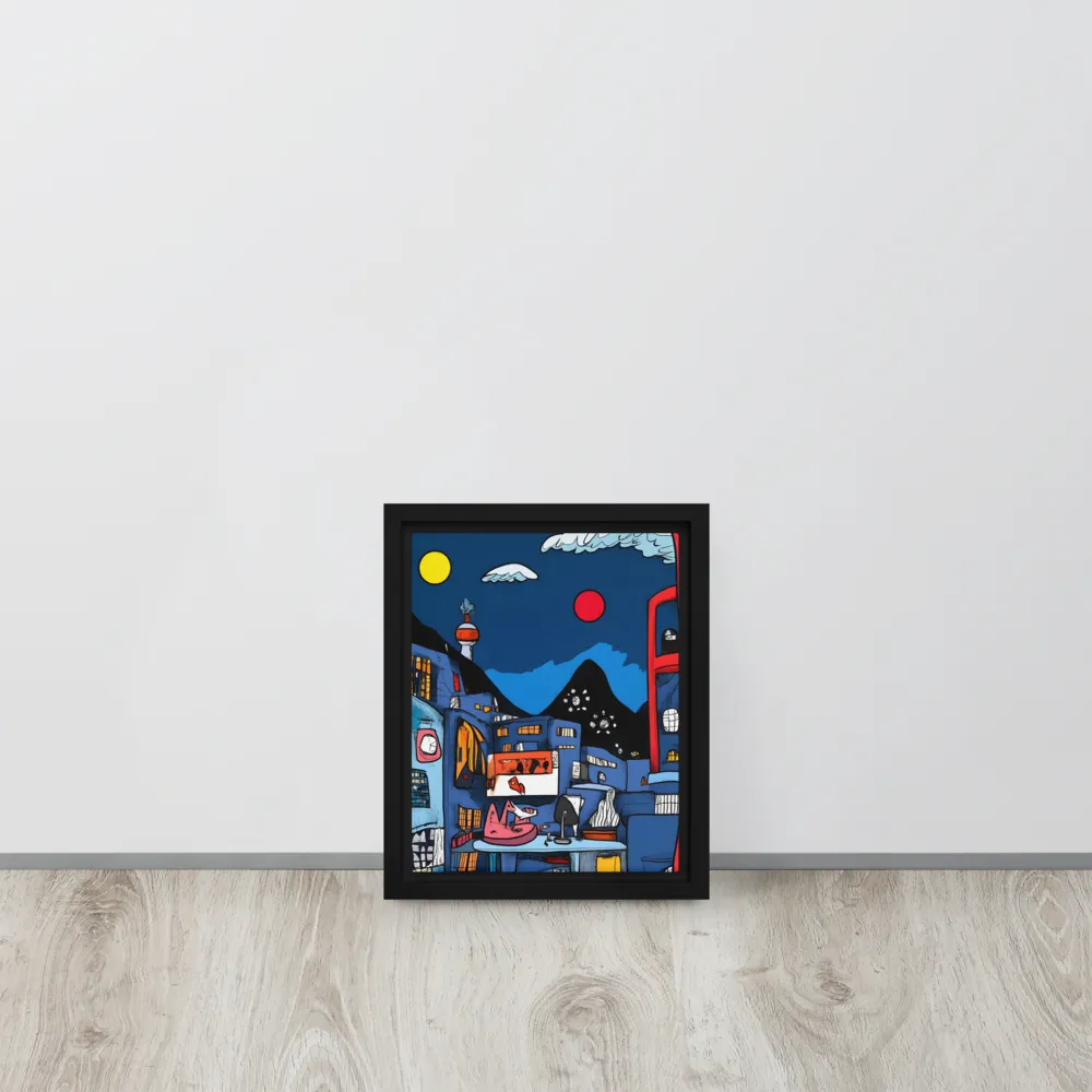 Whimsical Cityscape at Night | Canvas with Black Frame | 8″×10″