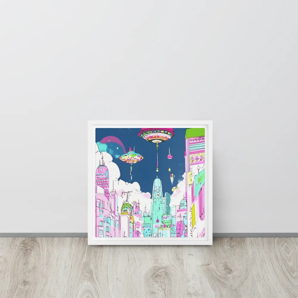 Futuristic Cityscape with Floating Structures | Canvas with White Frame | 12″×12″