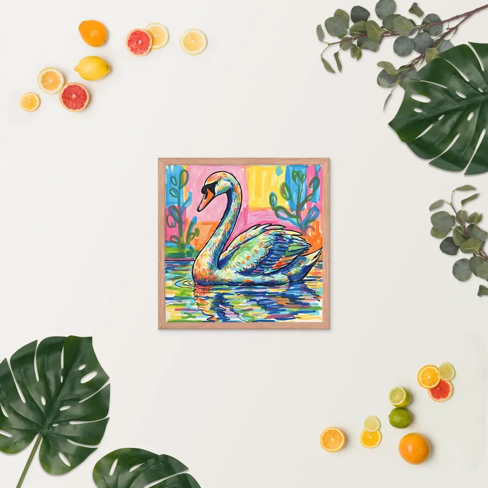 Prismatic Swan 
 Poster with Red oak Frame | 18″x 18″
