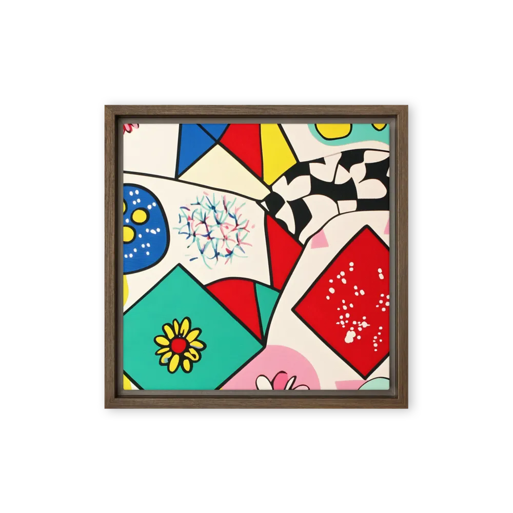 Joyful Geometry: A Playful Dance of Shapes and Colors | Canvas with Brown Frame | 12″×12″