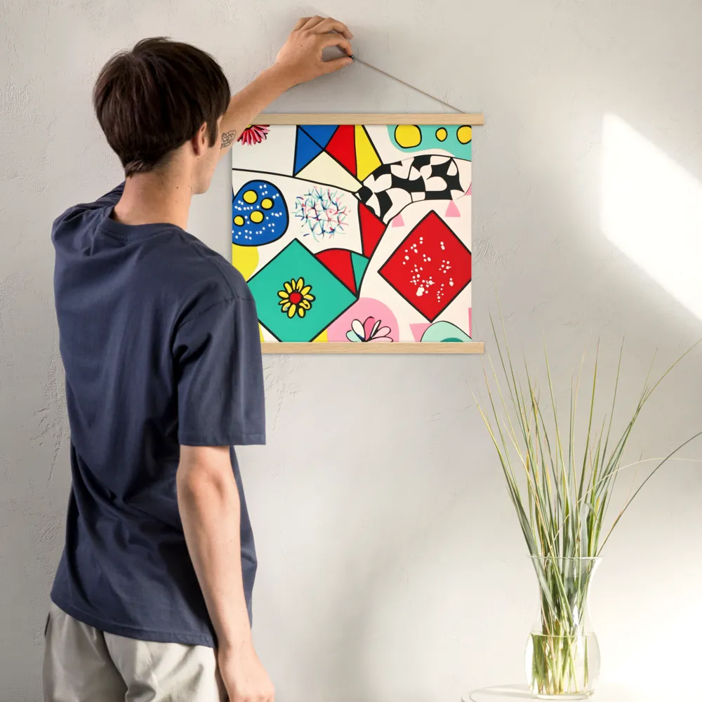 Joyful Geometry: A Playful Dance of Shapes and Colors | Poster With Oak Wood Hanger | 18″×18″