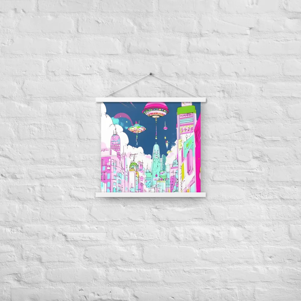Futuristic Cityscape with Floating Structures | Poster With White Wood Hanger | 18″×18″