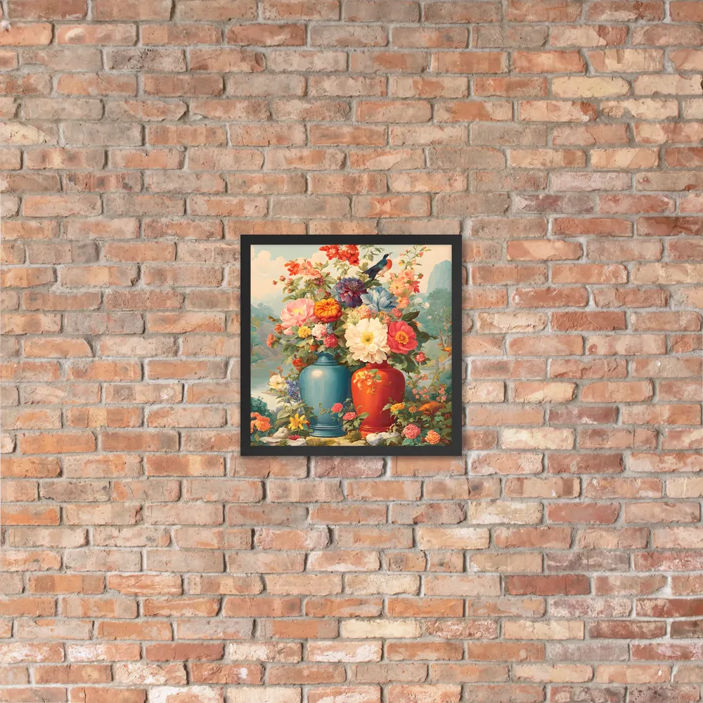 Twin Vases in Bloom 
 Poster with Black Frame | 16″x 16″