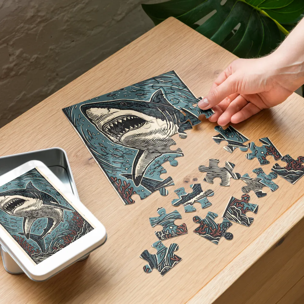Great White Linocut 
 Jigsaw Puzzle in Tin Box