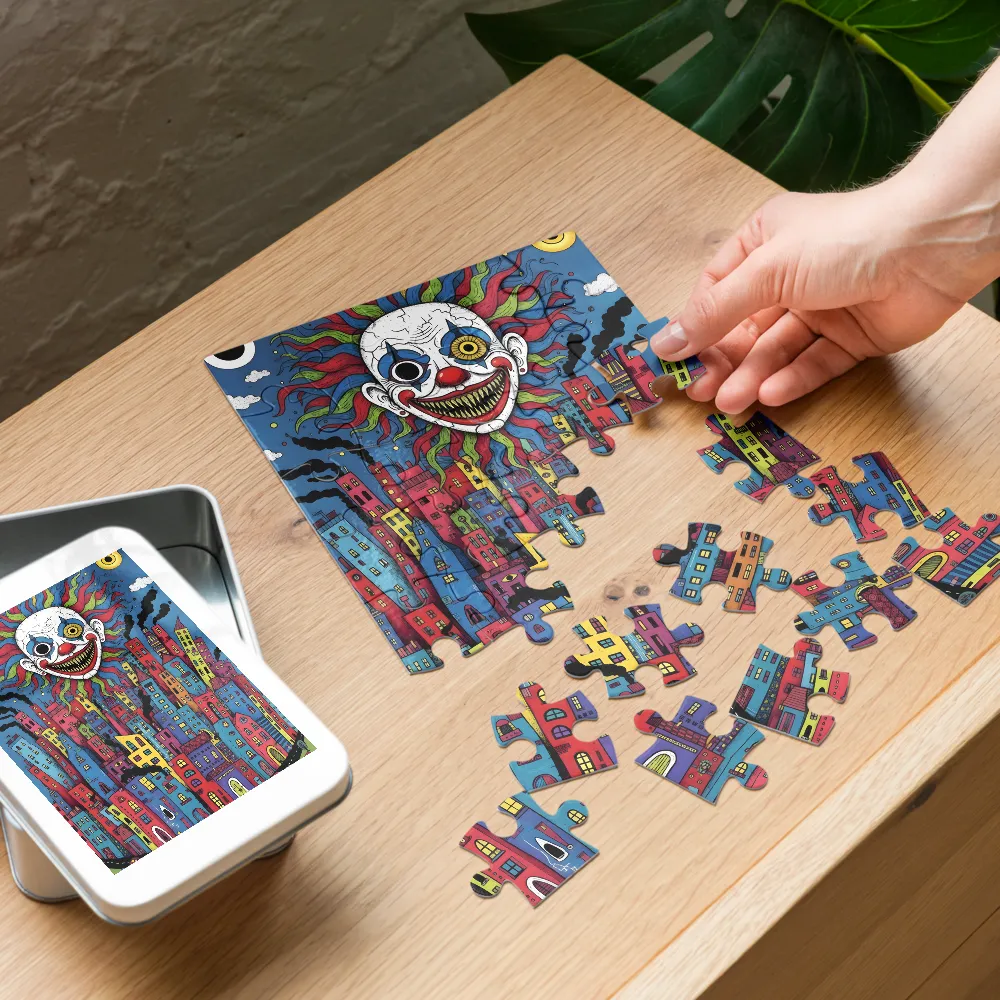 Sunclown Over City 
 Jigsaw Puzzle in Tin Box