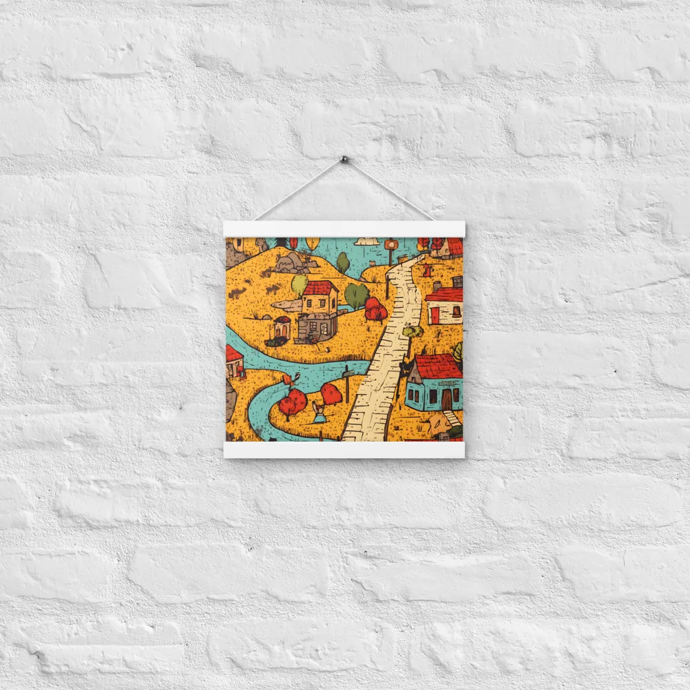 Whimsical Village Landscape | Poster With White Wood Hanger | 12″×12″
