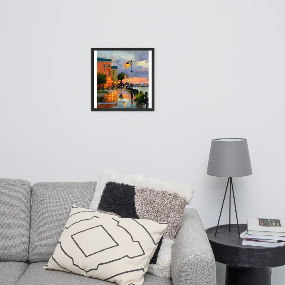 Harbor Promenade at Dusk 
 Poster with Black Frame | 18″x 18″