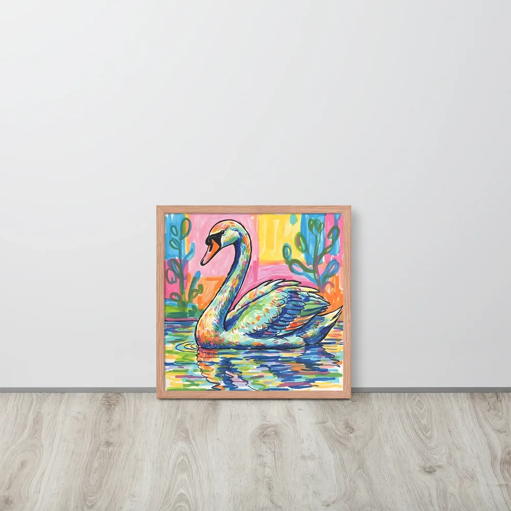 Prismatic Swan 
 Poster with Red oak Frame | 18″x 18″