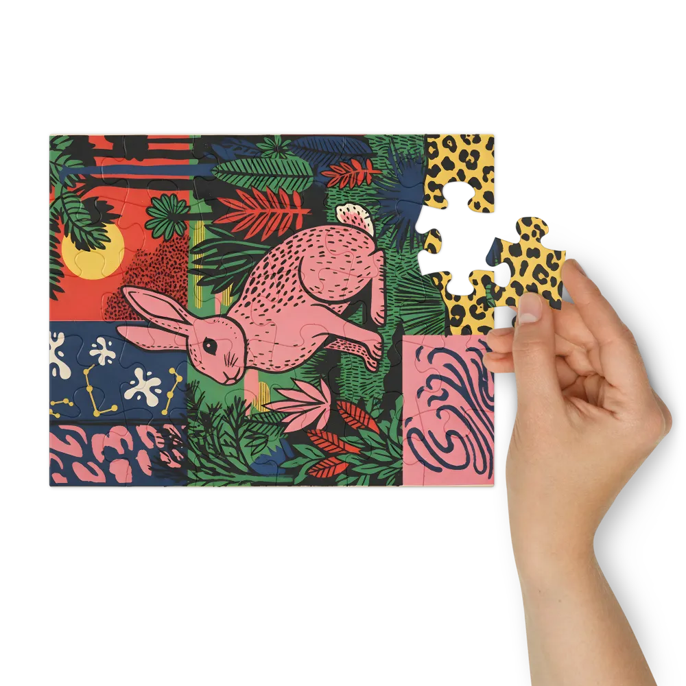 Pink Rabbit in Tropical Garden 
 Jigsaw Puzzle in Tin Box