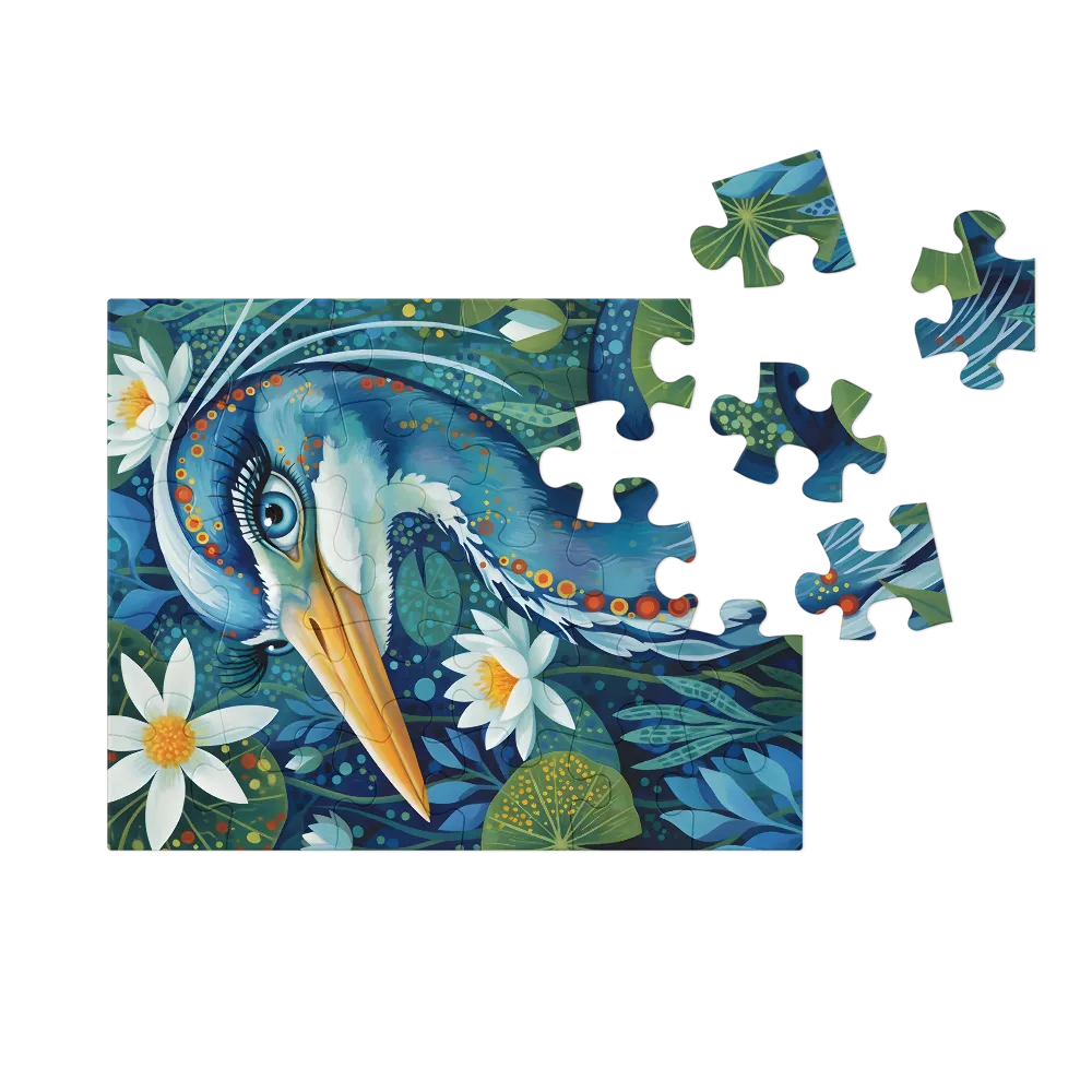 Heron Among Water Lilies 
 Jigsaw Puzzle in Tin Box