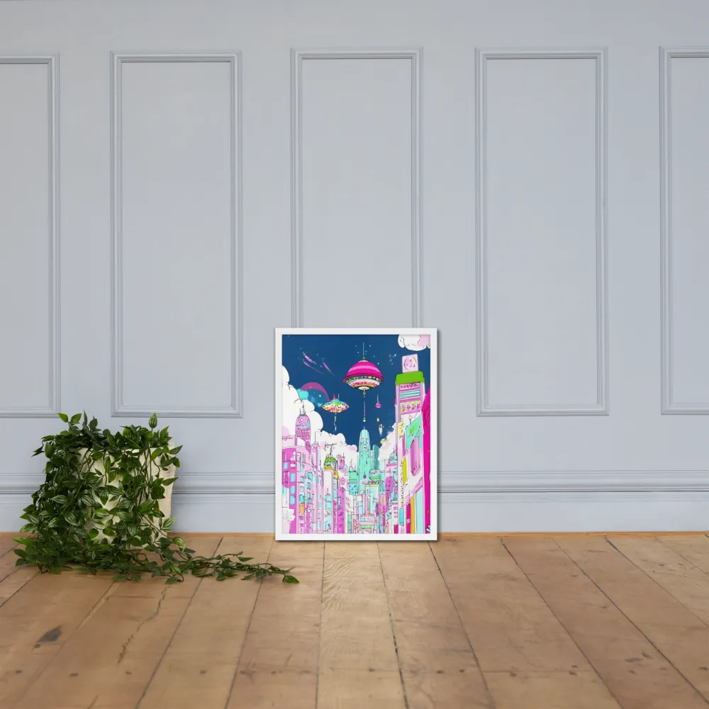 Futuristic Cityscape with Floating Structures | Poster with White Frame | 18″×24″