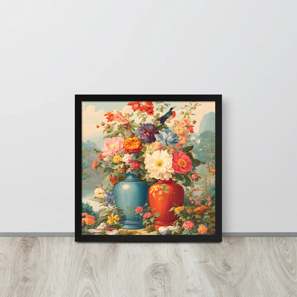 Twin Vases in Bloom 
 Poster with Black Frame | 16″x 16″