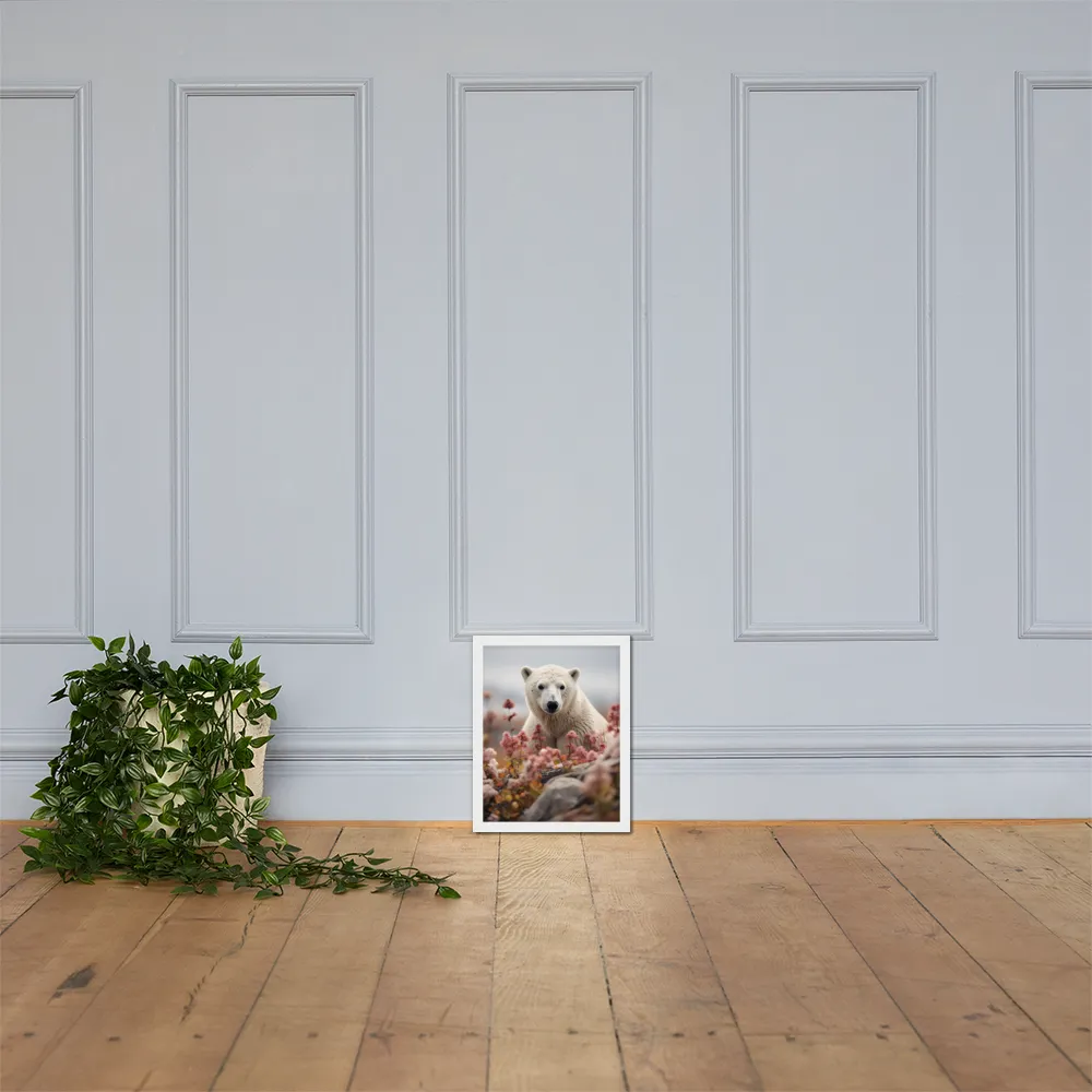 Curiosity Among Blooms: The Polar Bear | Poster with White Frame | 11″×14″