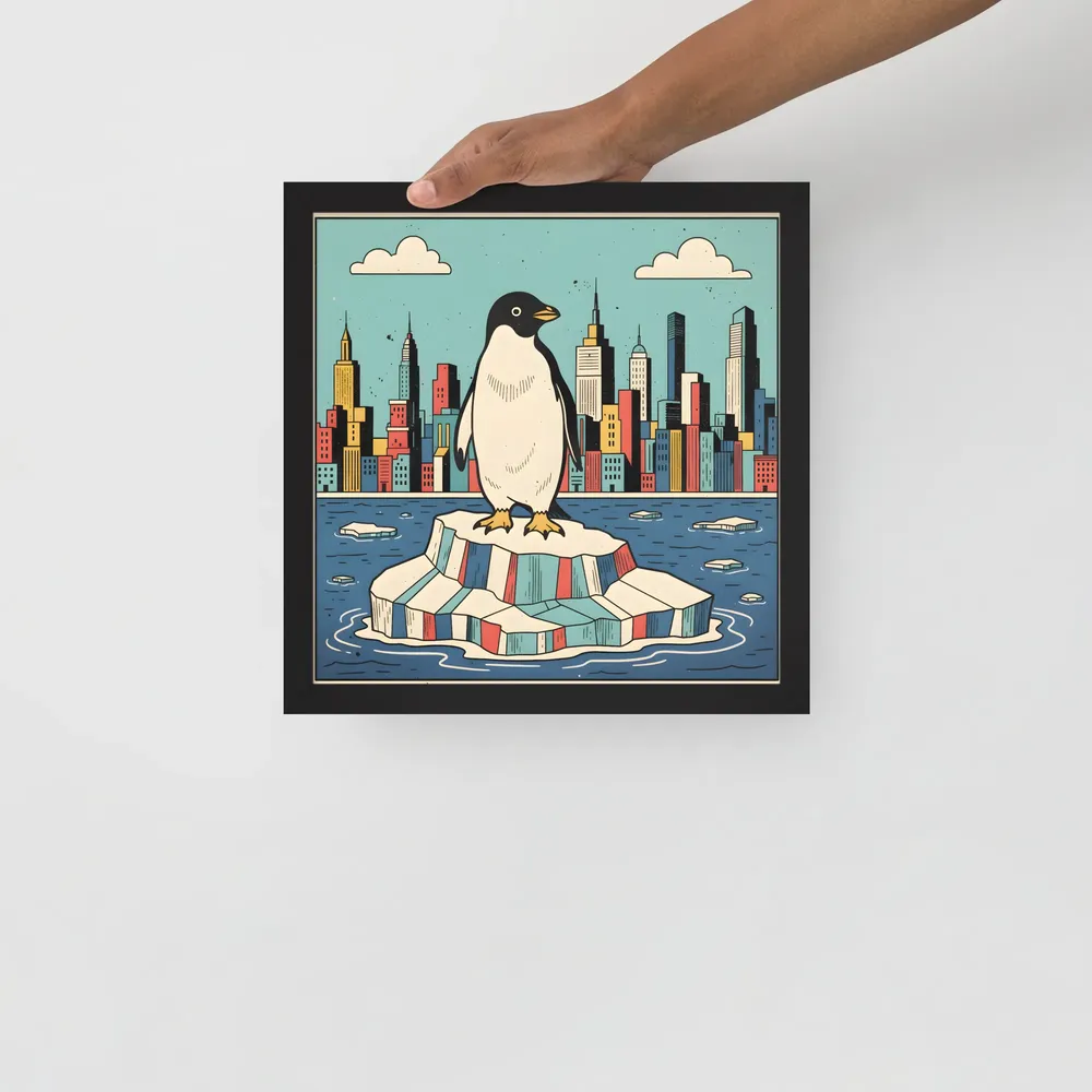 Urban Penguin 
 Poster with Black Frame | 12″x 12″